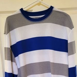 Long sleeve grey, blue, and white striped shirt